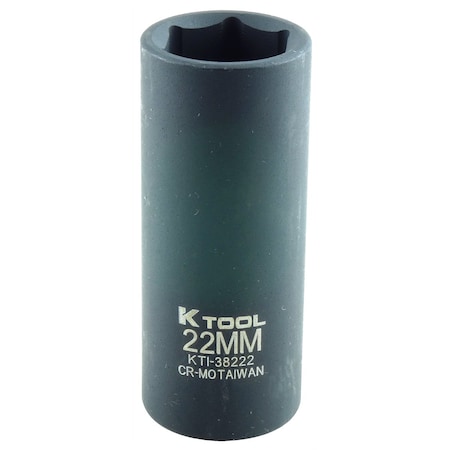 K-Tool International 1/2" Drive, 22mm Size, Metric Socket, 6 Points, Socket 1/2 Dr, Impact Dp 22mm KTI-38222